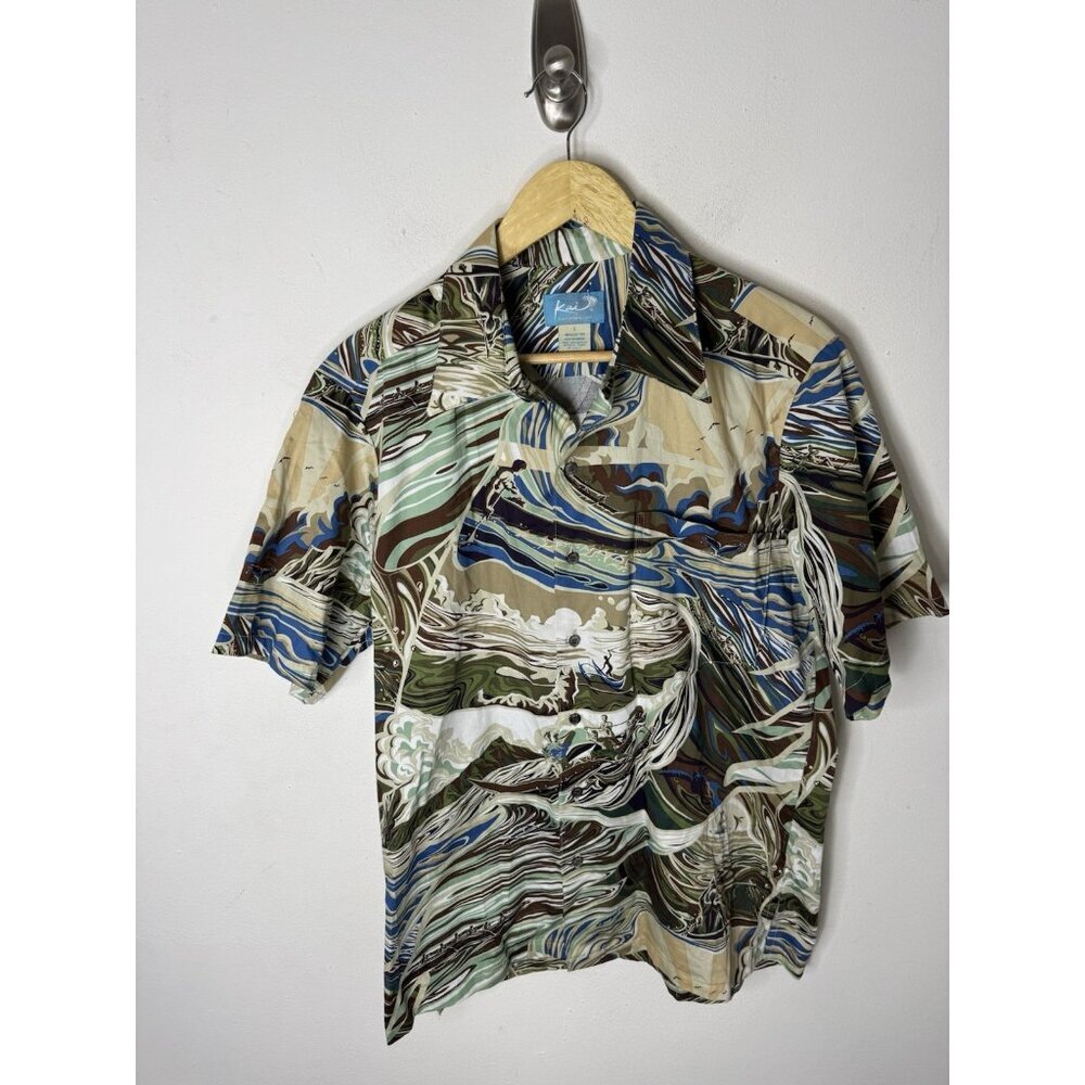 Kai Aloha Surf Shirt Men’s S 100% Cotton‎ Made in Hawaii Ocean Wave Print